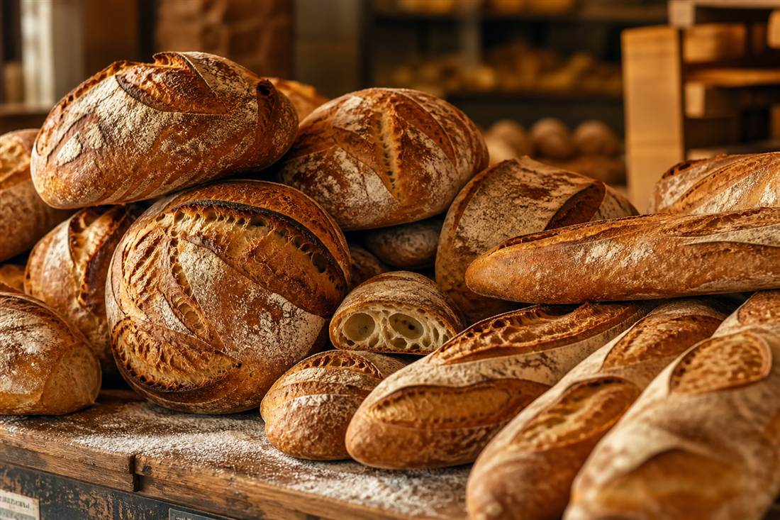 Assorted sourdough loaves lined on a wooden bakery shelf