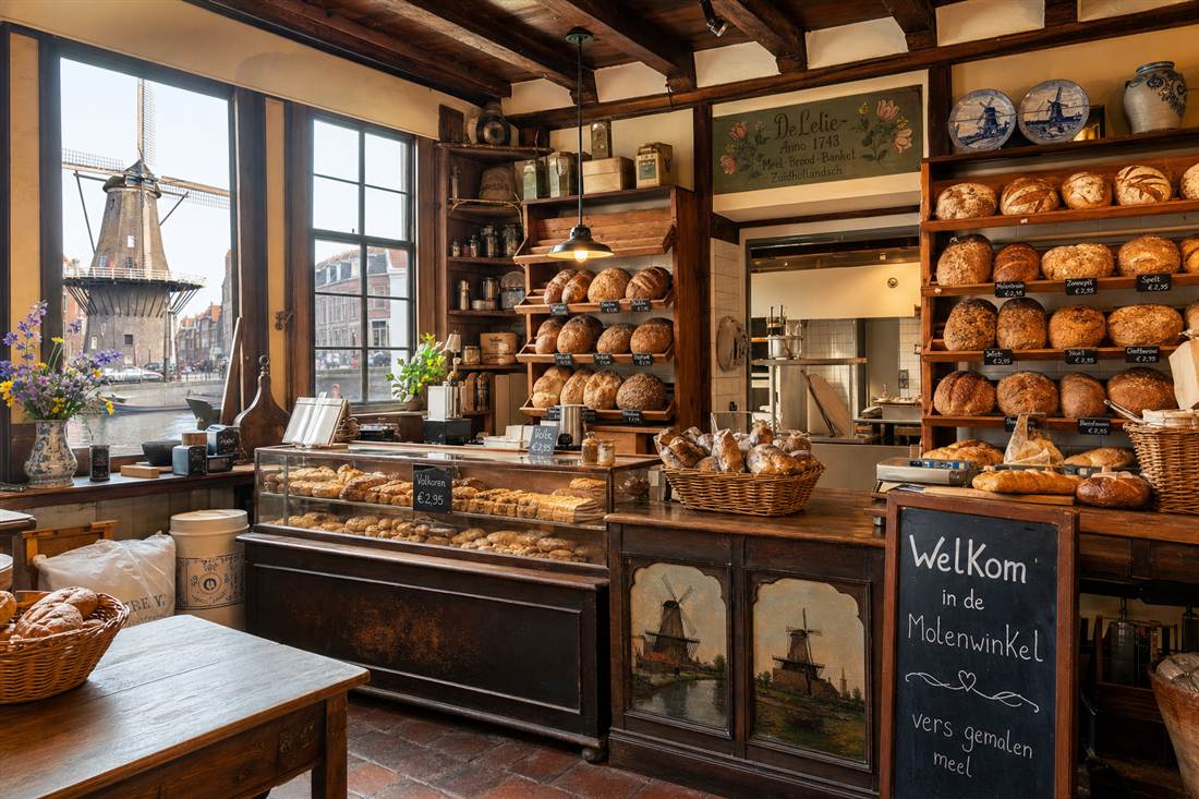 Warm bakery interior with wooden counters