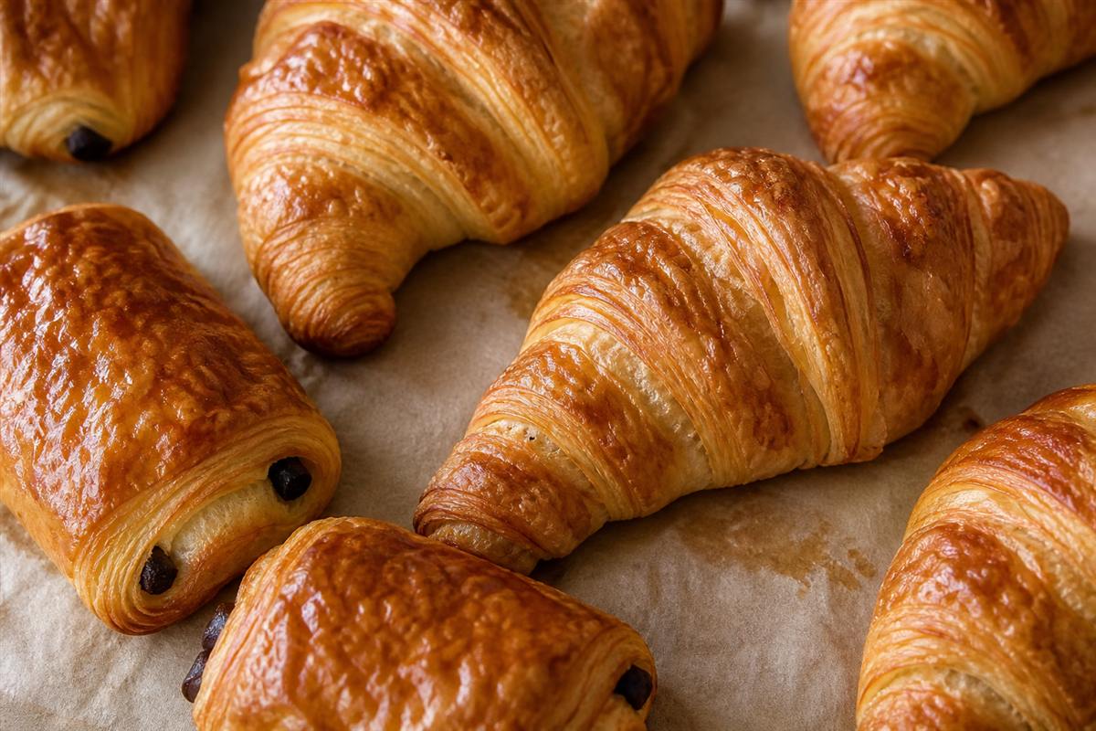 Golden viennoiserie and pastry rolls
